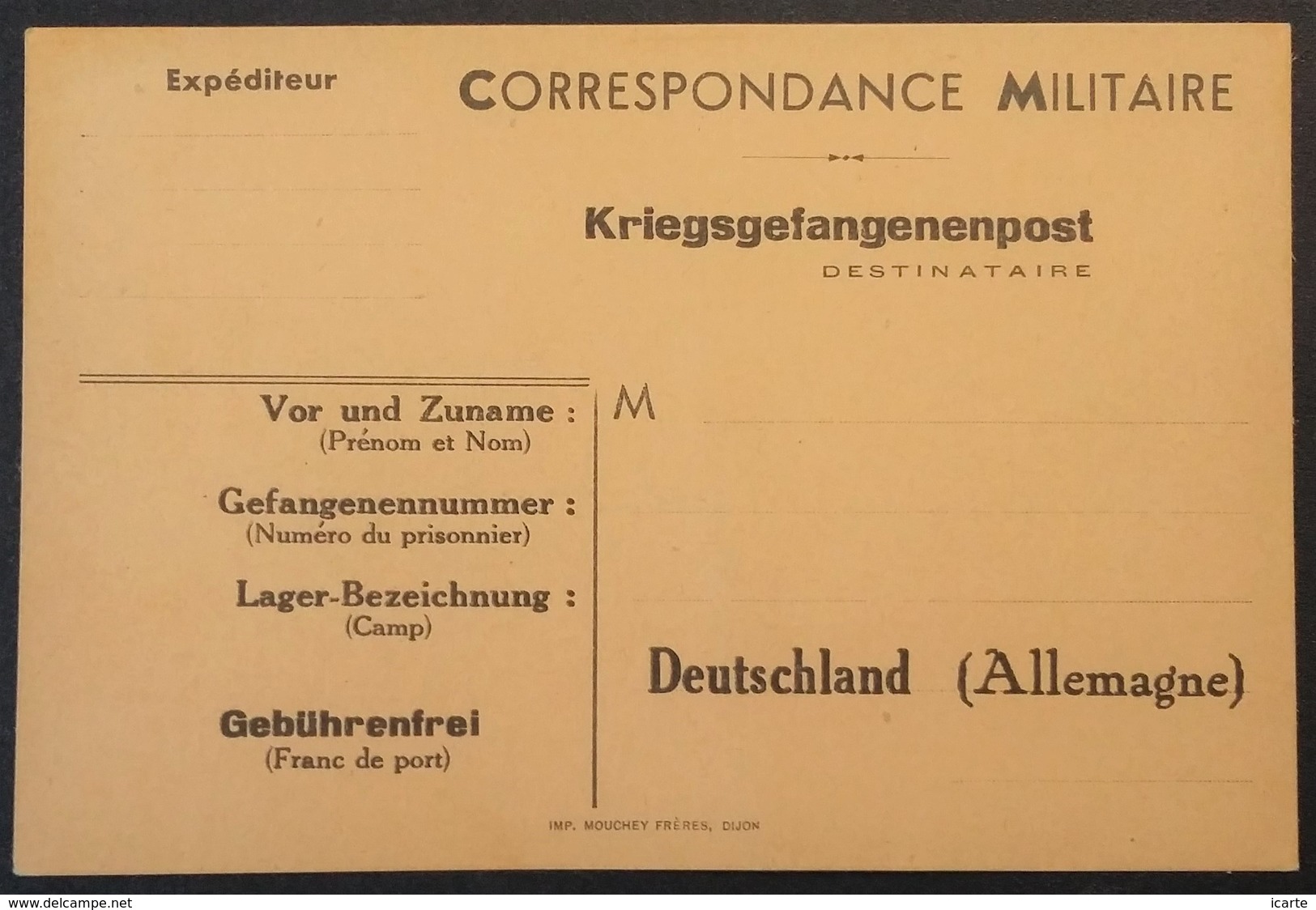 Carte De Franchise Militaire Pour Prisonnier De Guerre En Allemagne éditée à Dijon - Lettres & Documents