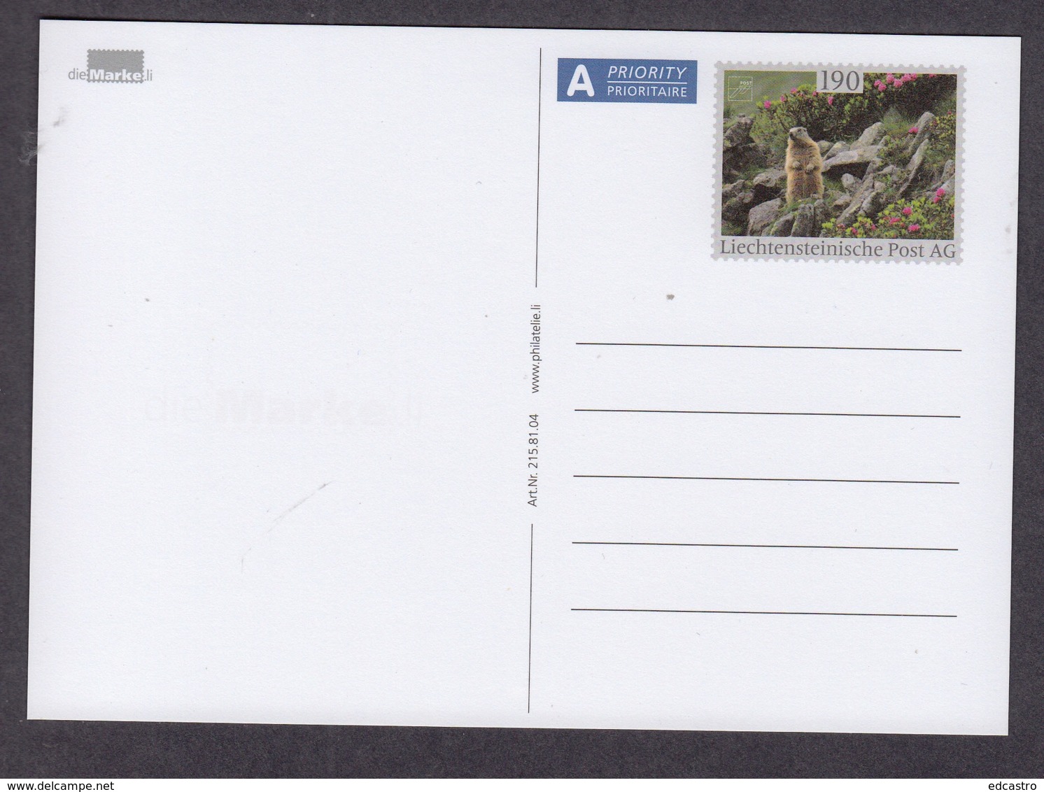 3.- LIECHTENSTEIN 2015 POSTAL STATIONERY - MARMOT - Roedores