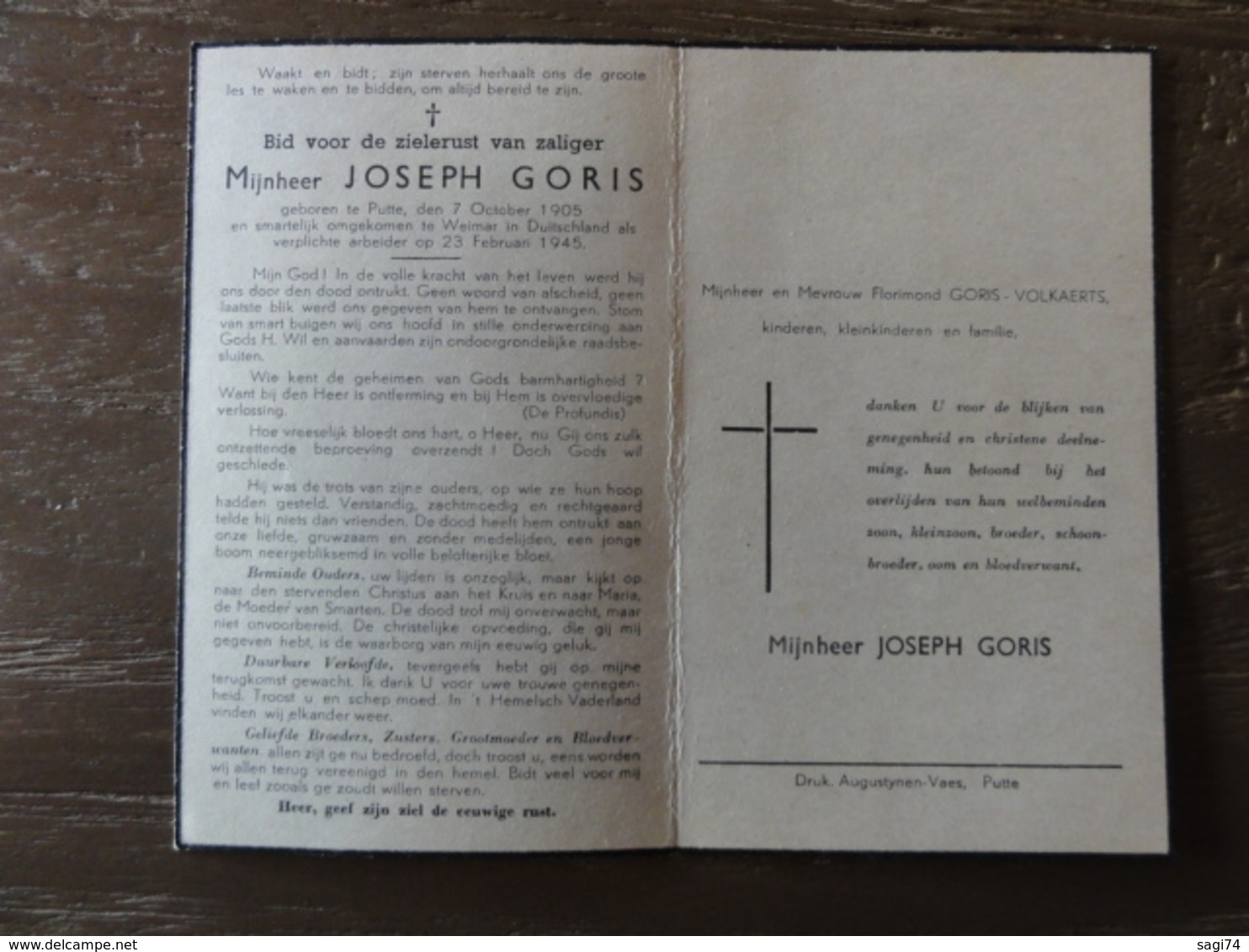 Doodsprentje WW2, WO, Krijgsgevangene Joseph Goris, Geboren Putte 1905, Overleden Te Weimar 1945 - Images Religieuses