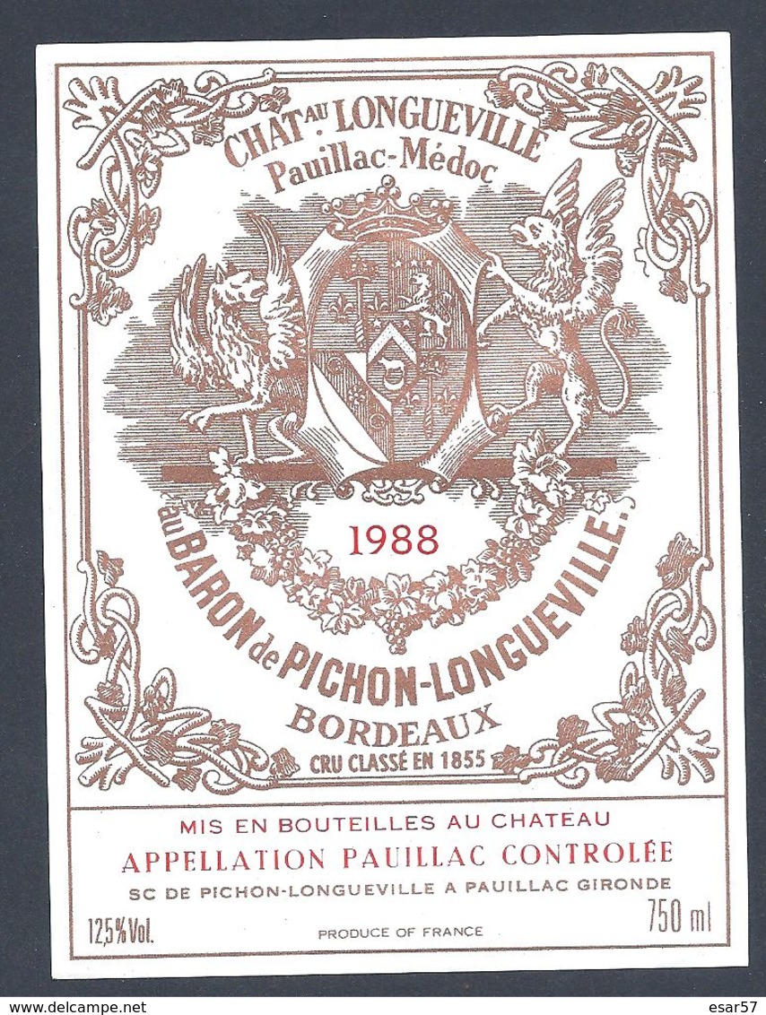 Etiquette Vin Chateau Longueville Au Baron De Pichon Longueville Pauillac 1988 - Bordeaux