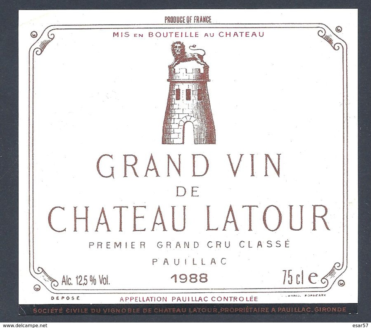 Etiquette Vin Chateau LATOUR PAUILLAC MÉDOC 1988 PREMIER GRAND CRU SPECIMEN - Bordeaux