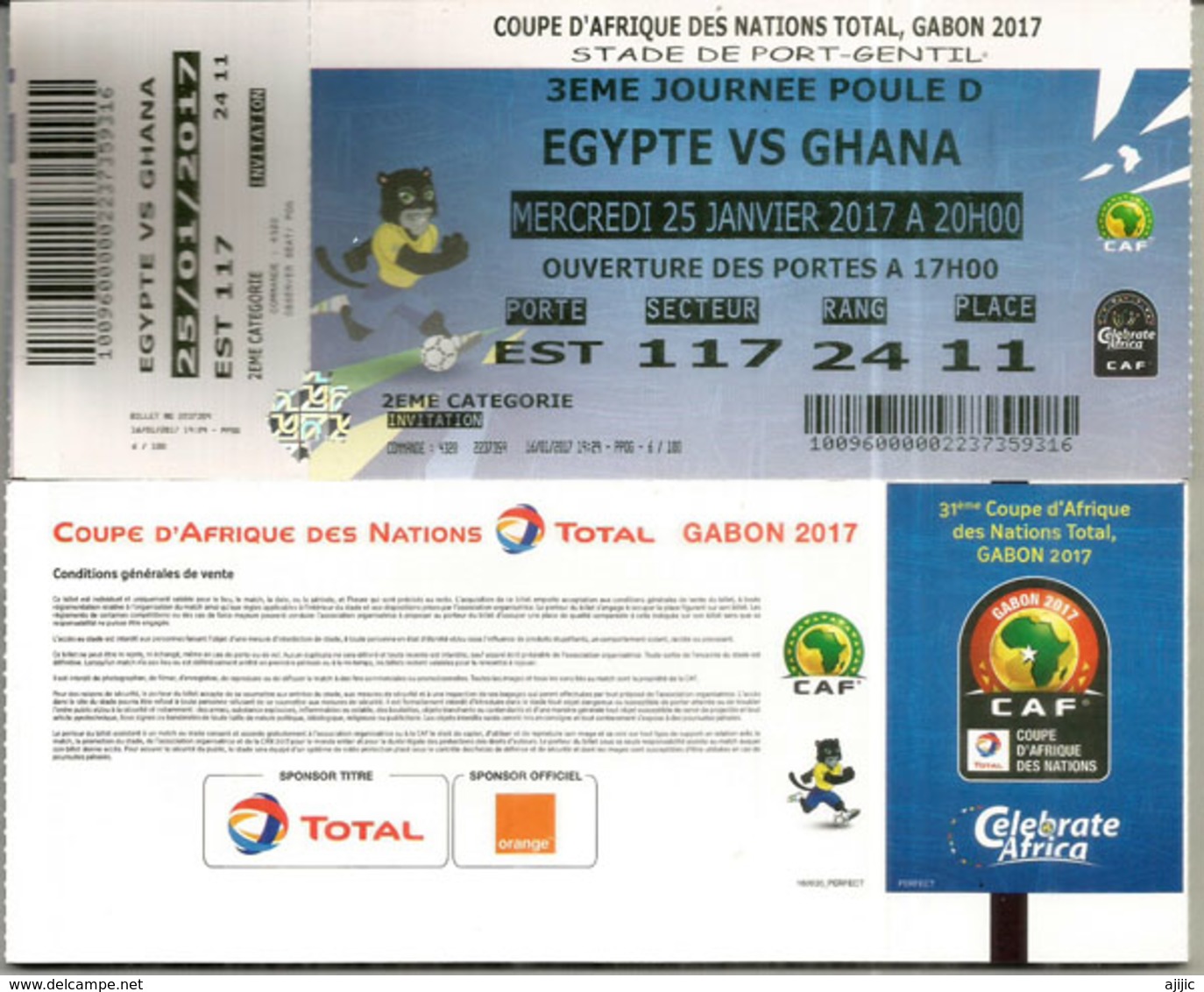 Football.Match EGYPT Vs GHANA.Ticket Coupe D'Afrique Des Nations Au Gabon, Stade De Port-Gentil. 25 01  2017,etat Neuf - Lettres & Documents
