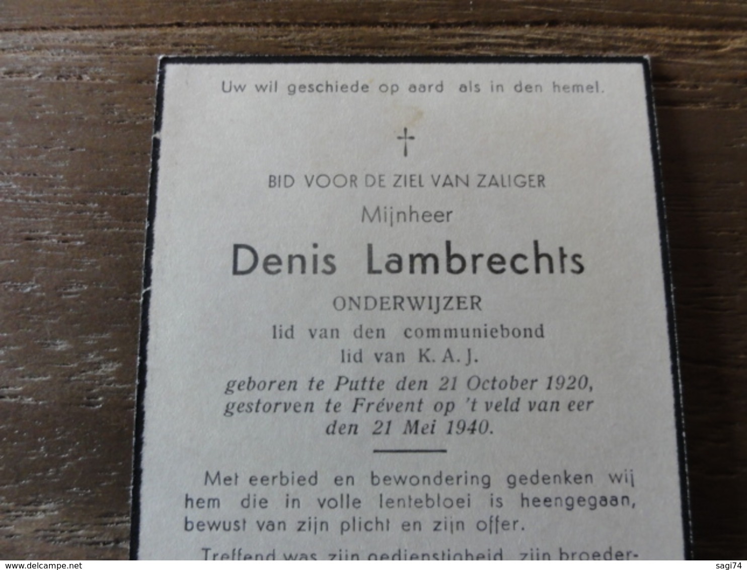 Doodsprentje WW2, WO2, Soldaat Denis Lambrechts, Geboren Putte, Gesneuveld Opt Veld Van Eer Frévent 1940 - Images Religieuses