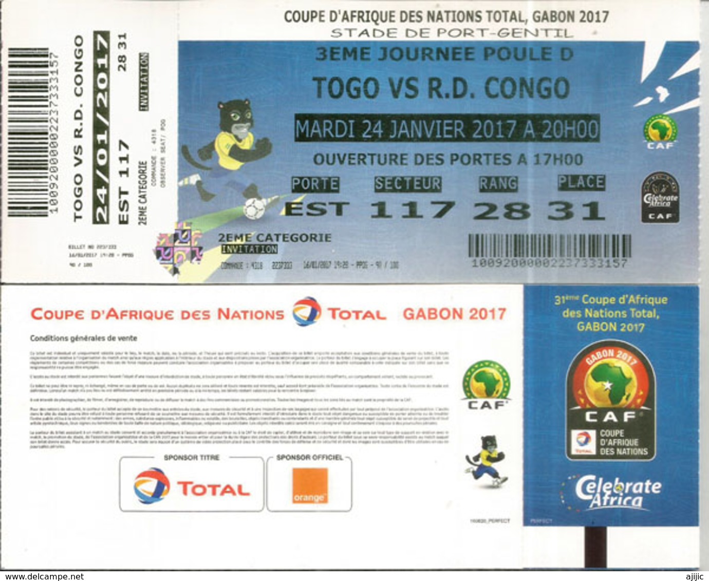 Football.Match TOGO Vs RD CONGO,Ticket Coupe D'Afrique Des Nations Au Gabon, Stade De Port-Gentil. 24 01  2017,etat Neuf - Togo (1960-...)