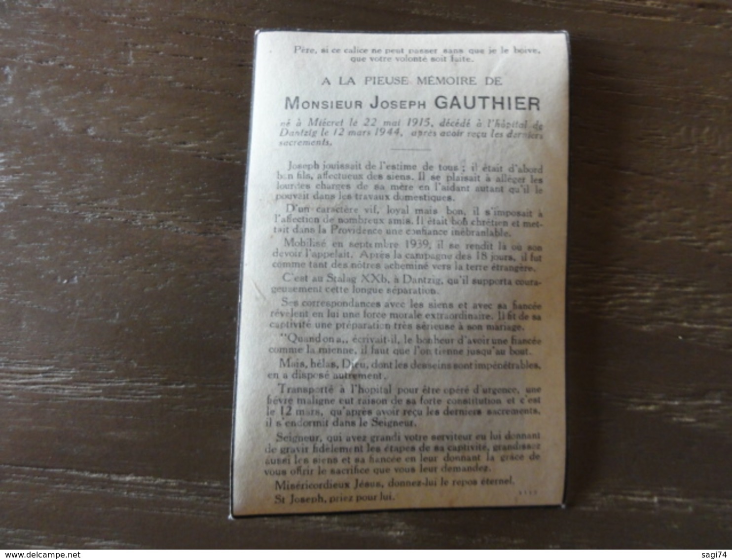 Souvenir Pieux WW2, WO2, Soldat Joseph Gauthier, Né Miécret (Havelange) Décédé Danzig (Pologne) 1944 - Images Religieuses