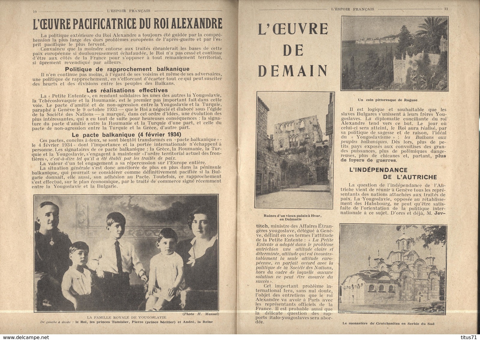 Revue L'Espoir Français 5 Octobre 1934 - Alexandre 1er Roi-Soldat - Amitié Franco Yougoslave - Hebdo Droite Nationaliste