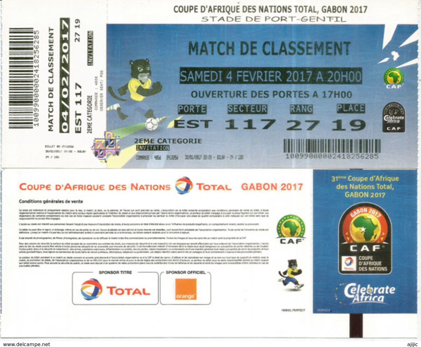 Football. Ticket Coupe D'Afrique Des Nations Au Gabon, Stade De Port-Gentil. 4 Fevrier 2017, Etat Neuf - Toegangskaarten