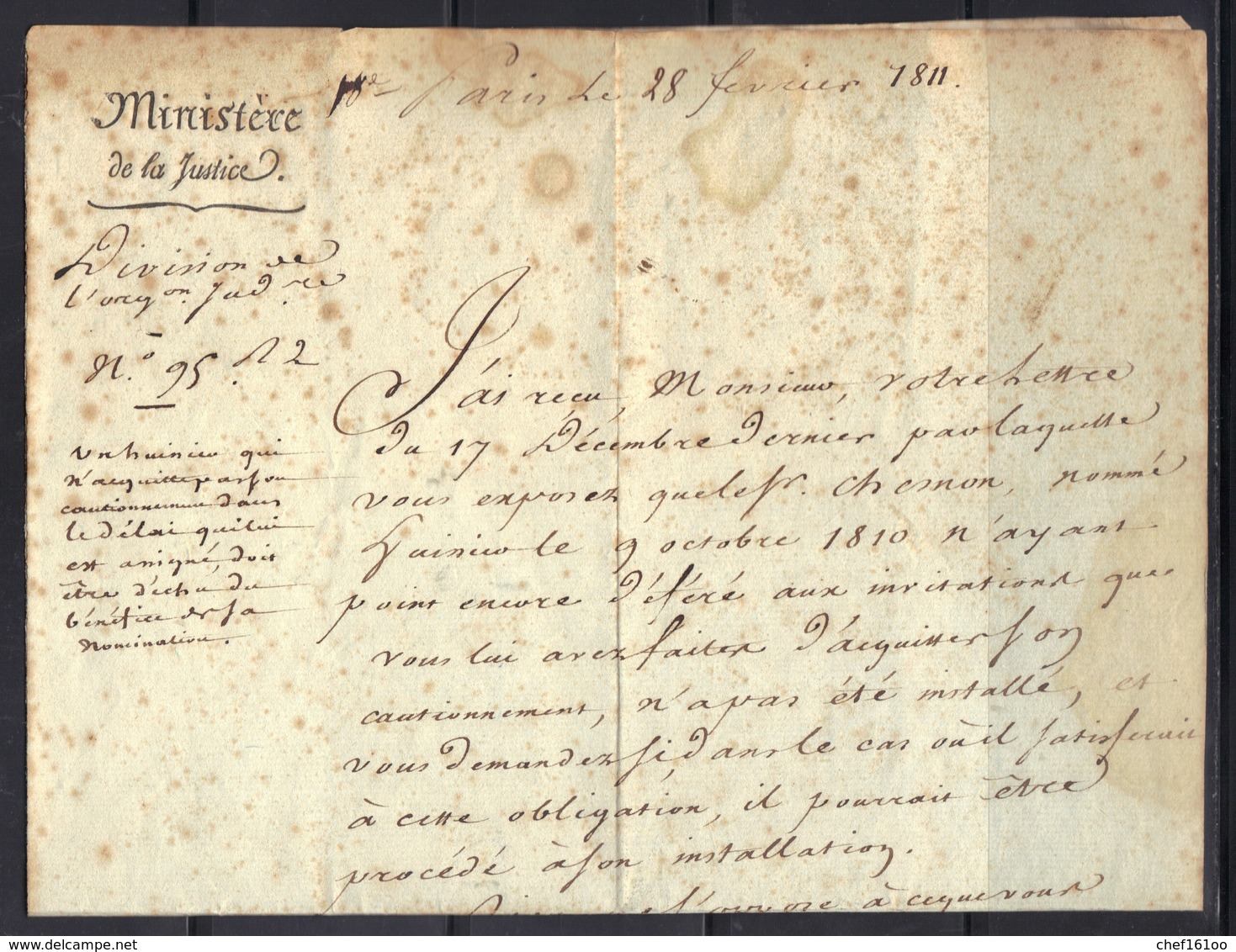 Minitère De La Justice 1811 : 1 Feuille (21 X 31 Cm), Texte Sur 1 Page, Papier Taché, Voir Scan. - Documents Historiques