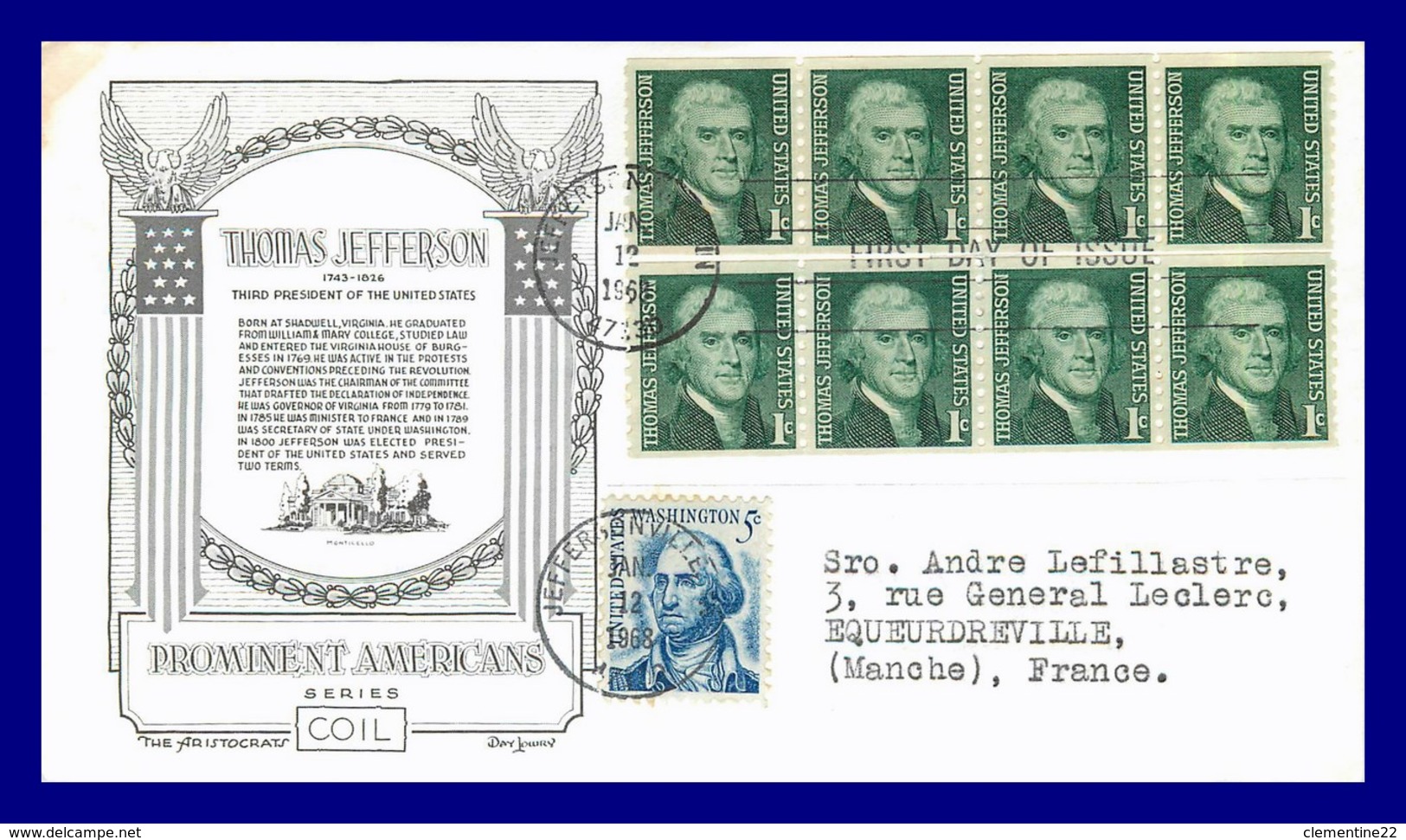 USA - ETATS UNIS - FDC - Enveloppes 1er Jour  * Thomas Jefferson - 1961-1970