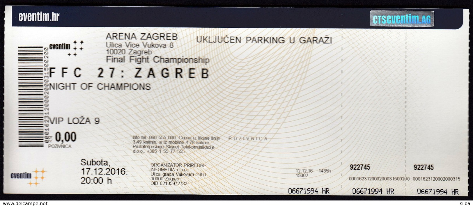 Croatia Zagreb 2018 / Arena / Final Fight Championship, FFC 27:  Zagreb, Night Of Champions / Entry Ticket - Artes Marciales