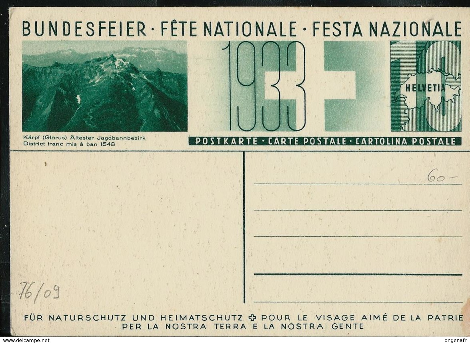 Carte Fête Nationale  1933 N° 76 - 09  Kärpf 'Glarus) Ältester Jagdbannbezirk   ( Neuve) - Entiers Postaux