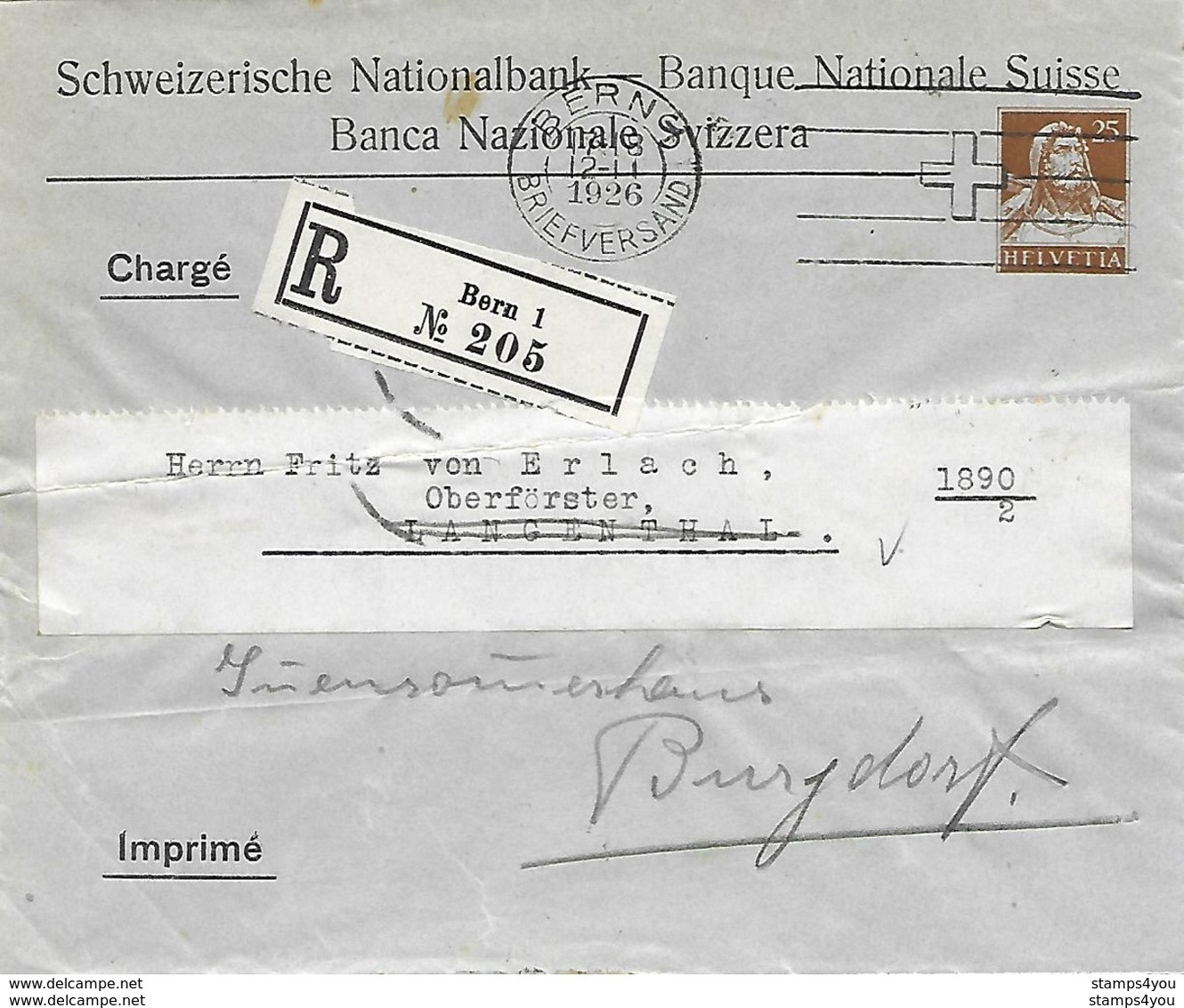 162 - 58 - Entier Postal Privé Recommandé "Banque Nationale Suisse" 1926 - Entiers Postaux