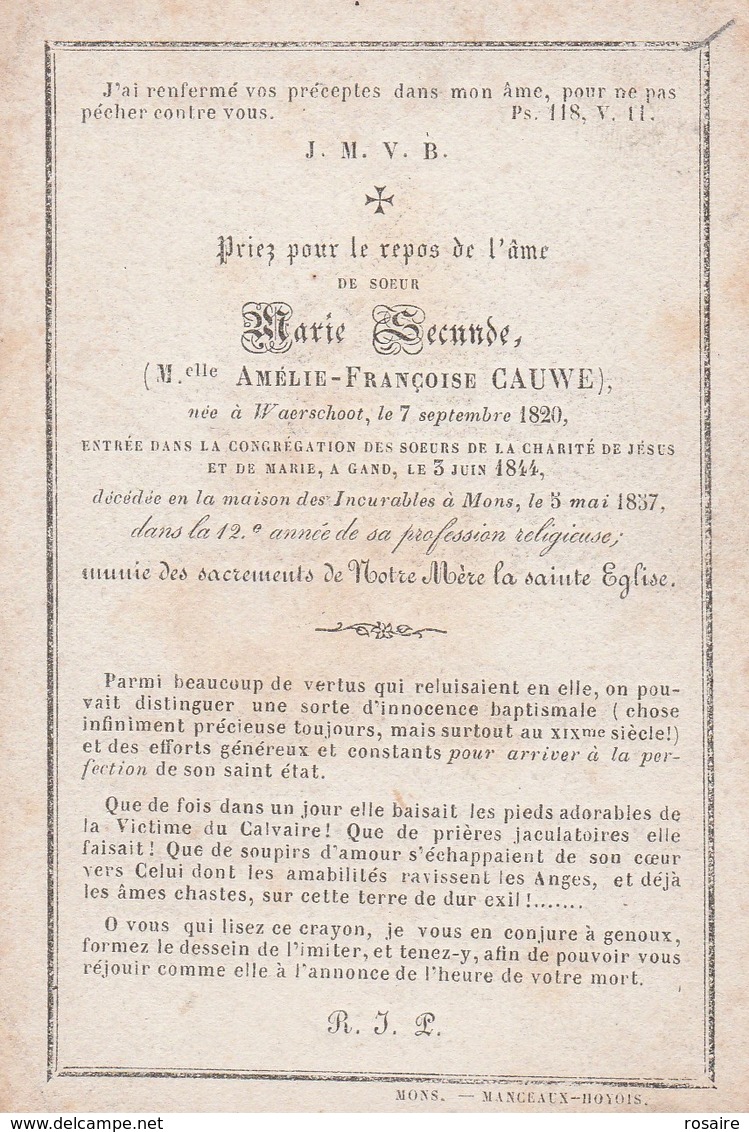 Non Amelie Francoise Cauwe-waerschoot-1820-1857 - Images Religieuses