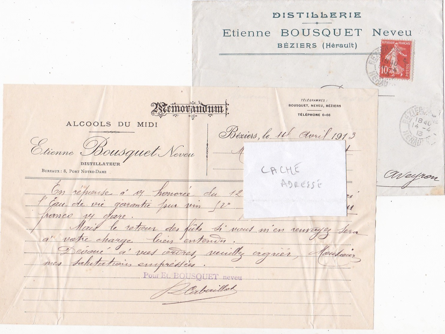 Alcools Du Midi Distillerie Etienne Bousquet Béziers (Hérault) 1913 - Facturas