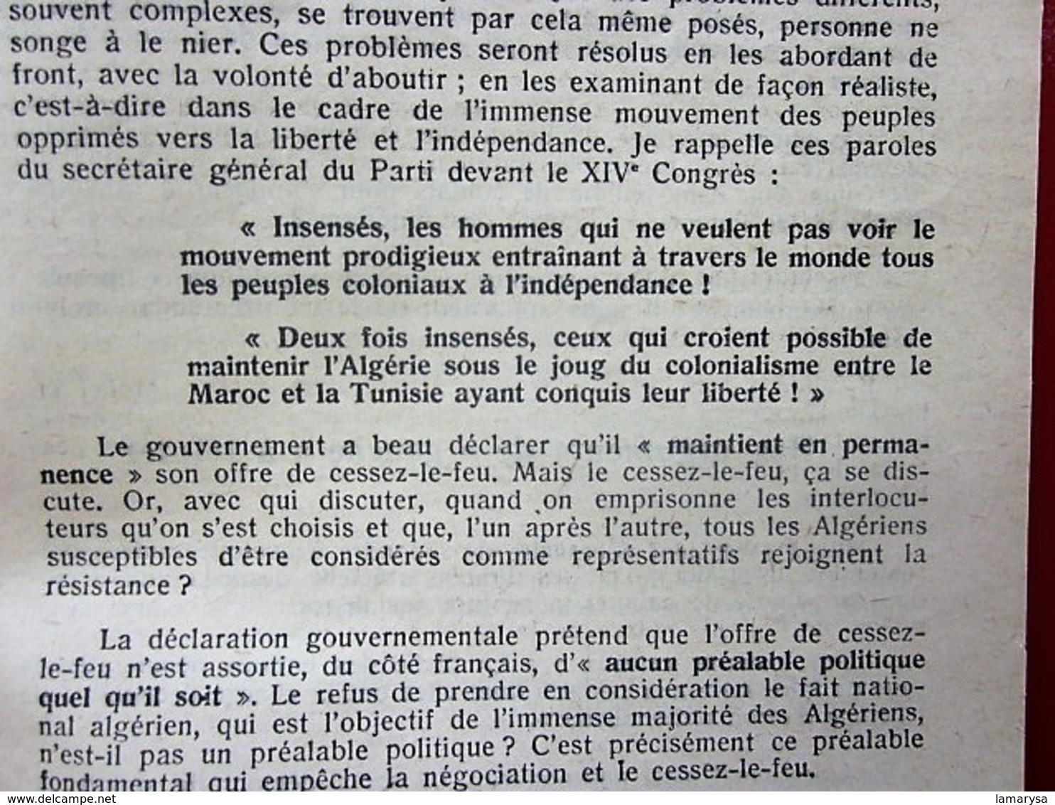 1957 IMPOSSIBLE PAIX EN ALGÉRIE Léon Feix Membre Bureau Politique Parti Communiste Propagande idéologique Doc Historique