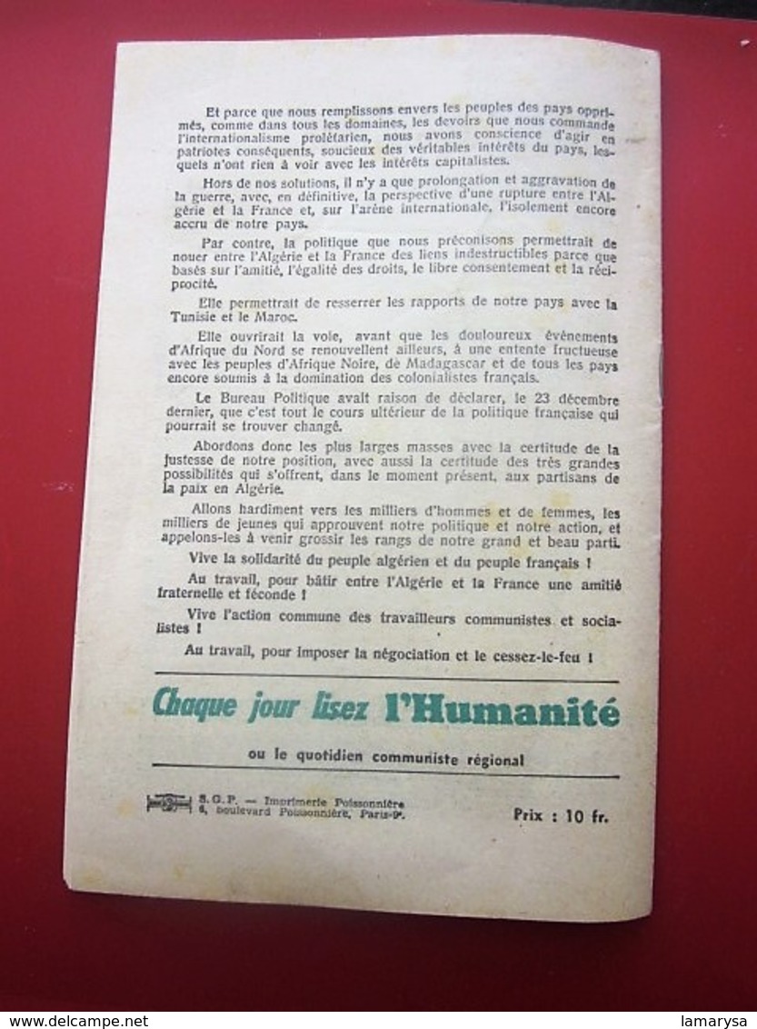 1957 IMPOSSIBLE PAIX EN ALGÉRIE Léon Feix Membre Bureau Politique Parti Communiste Propagande idéologique Doc Historique