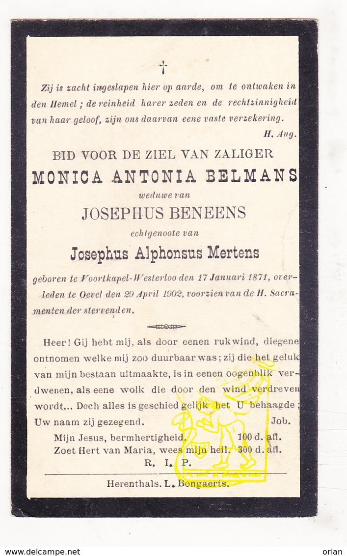 DP Monica A. Belmans ° Voortkapel 1871 † Oevel 1902 X J. Beneens Xx J. Mertens / Westerlo - Images Religieuses