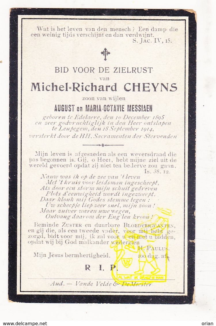 DP Michel R. Cheyns / Messiaen 18j. ° Edelare 1895 † Leupegem 1914 / Oudenaarde - Images Religieuses