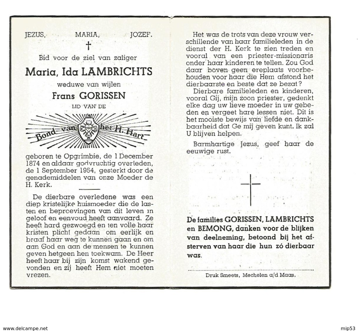 D 709. MARIA LAMBRICHTS  Wed. F. Gorissen - °OPGRIMBIE 1874 En Aldaar + 1954 - Images Religieuses