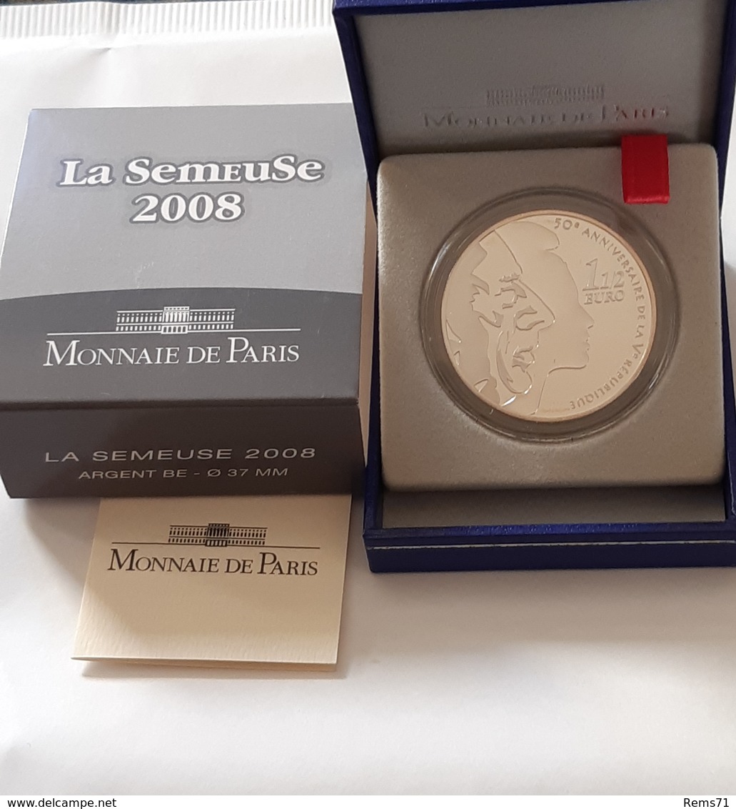 Coffret 1 Euro 1/2 Argent 2008 La Semeuse " 50ème Anniversaire De La V ème République " 1,5 Euro Silver - France