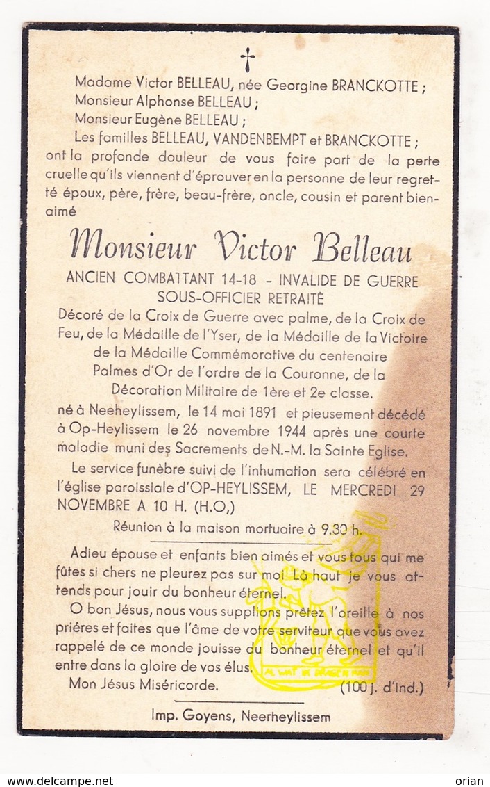 DP Victor Belleau ° Neerheylissem 1891 † Opheylissem 1944 / Hélécine / Branckotte VandenBempt - Images Religieuses