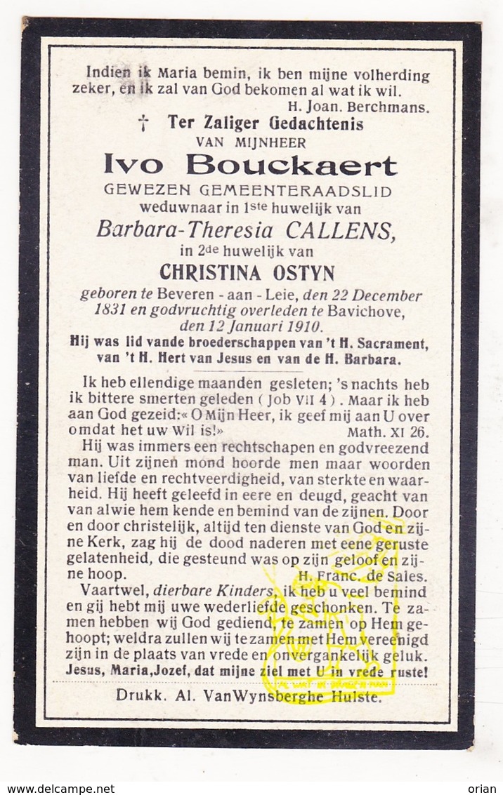 DP Gemeenteraadslid - Ivo Bouckaert ° Beveren Ad Leie Waregem 1831 † Bavikhove Harelbeke 1910 X B. Callens Xx C. Ostyn - Images Religieuses