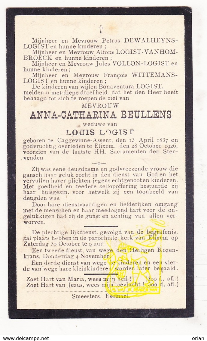 DP Anna Cath. Beullens ° Kaggevinne / Assent - Diest / Bekkevoort 1837 † Eliksem Landen 1926 X L. Logist / Wittemans - Images Religieuses