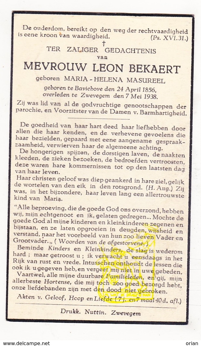 DP Maria H. Masureel ° Bavikhove Harelbeke 1856 † Zwevegem 1938 X Leon Bekaert - Images Religieuses