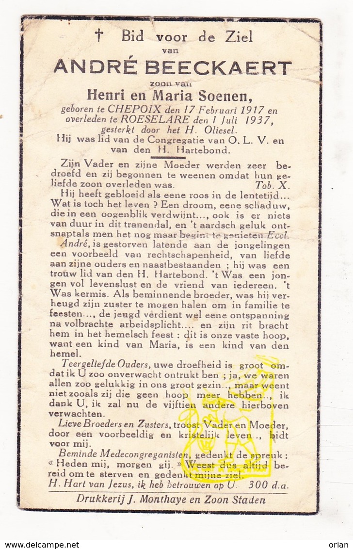 DP Im. Mort. - André Beeckaert / Soenen ° Chepoix FR Oise 1917 † Roeselare BE 1937 - Images Religieuses