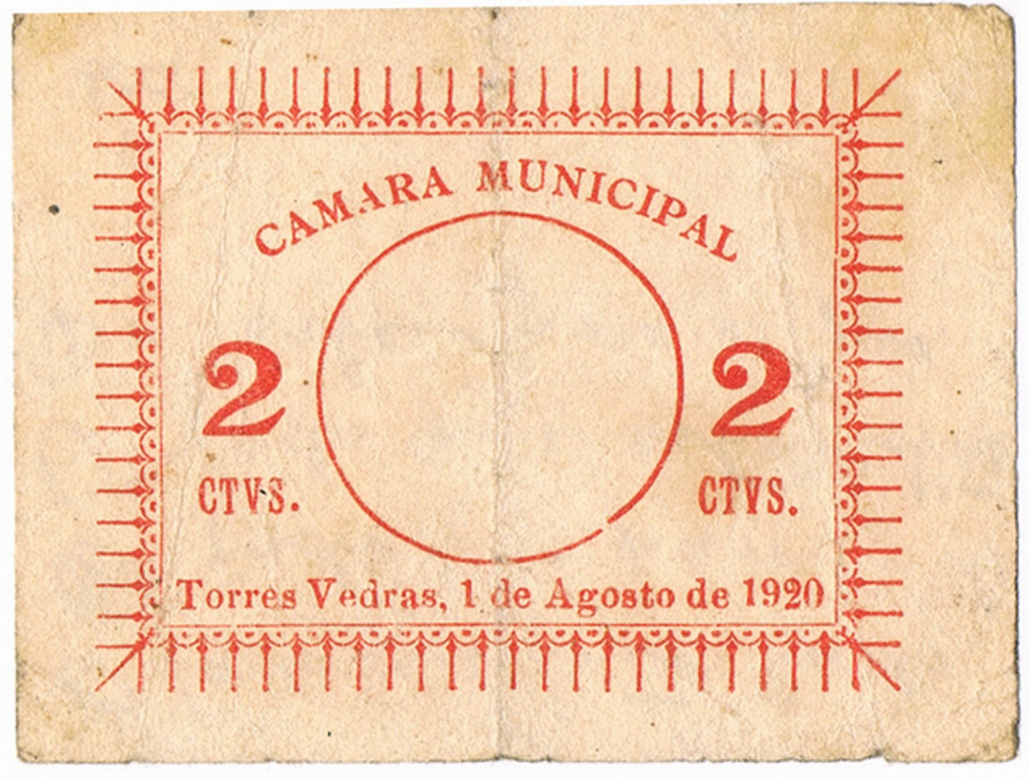 TORRES VEDRAS - CÉDULA DE 2 (NÚMERO PEQUENO) CENTAVOS DA CÂMARA MUNICIPAL DE TORRES VEDRAS. - Portugal