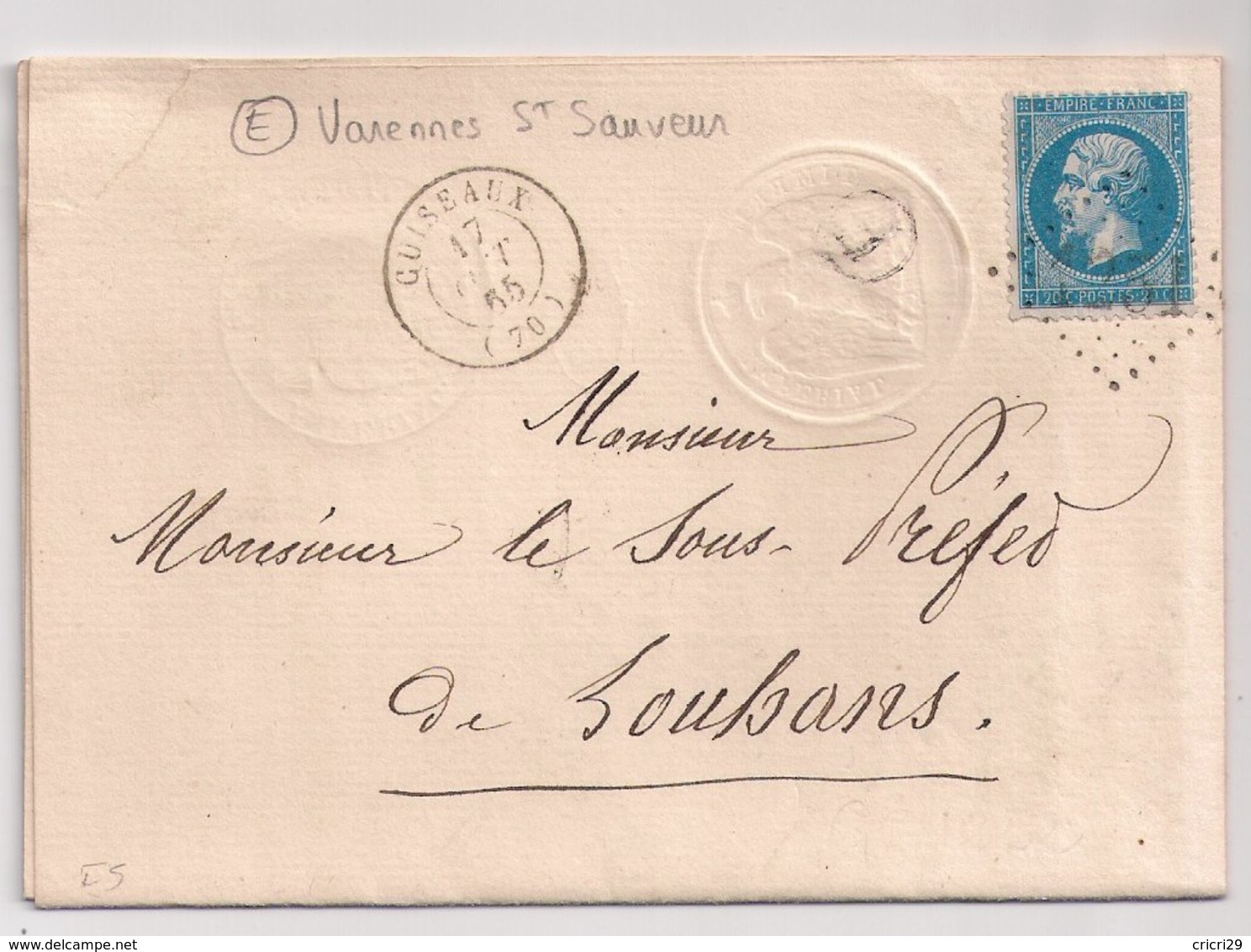 CUISEAUX  : Lettre De 1865 : Type 15 + Boite Rurale E " Varennes St Sauveur "  ( Identifiée ) : Saône Et Loire - 1849-1876: Classic Period