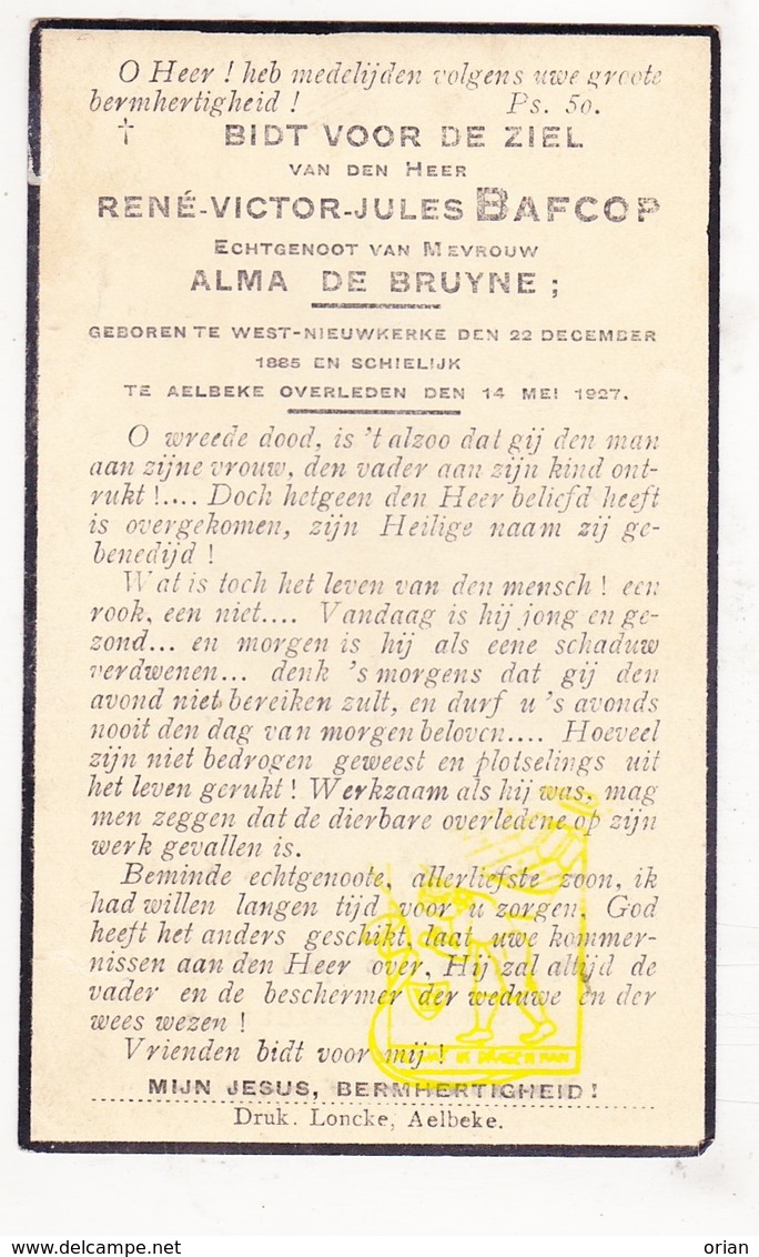 DP Foto Bestuurder Tuileries D Sterreberg - René V. Bafcop ° West Nieuwkerke 1885 † Aalbeke Kortrijk 1927 X A. De Bruyne - Images Religieuses