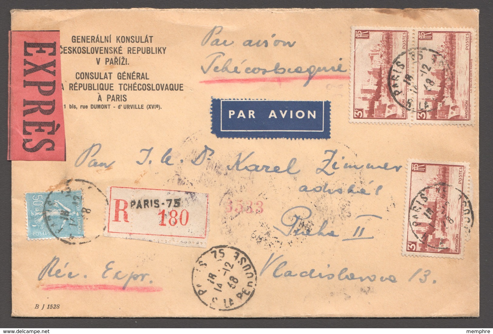 1938  Lettre Avion - Recommandée - Exprès Pour La Tchécoslovaquie Avigno 3fr Yv 391 X3 + Autres Et Vignette Voir - Lettres & Documents