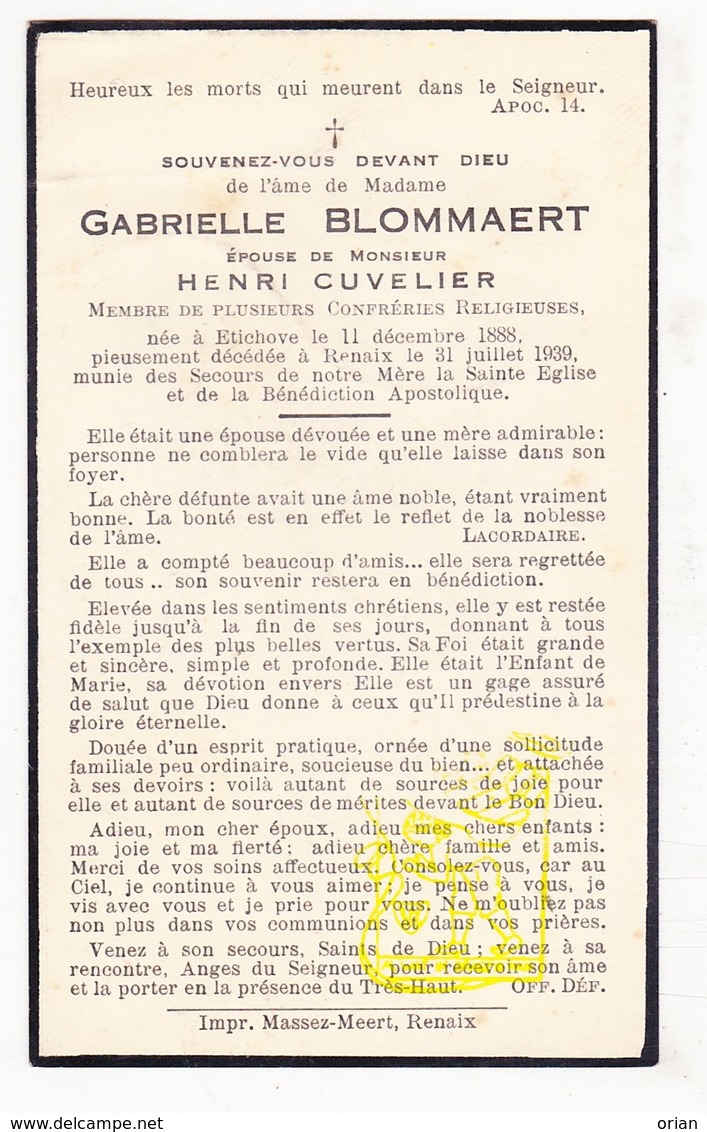 DP Gabrielle Blommaert ° Etikhove Maarkedal 1888 † Ronse Renaix 1939 X Henri Cuvelier - Images Religieuses