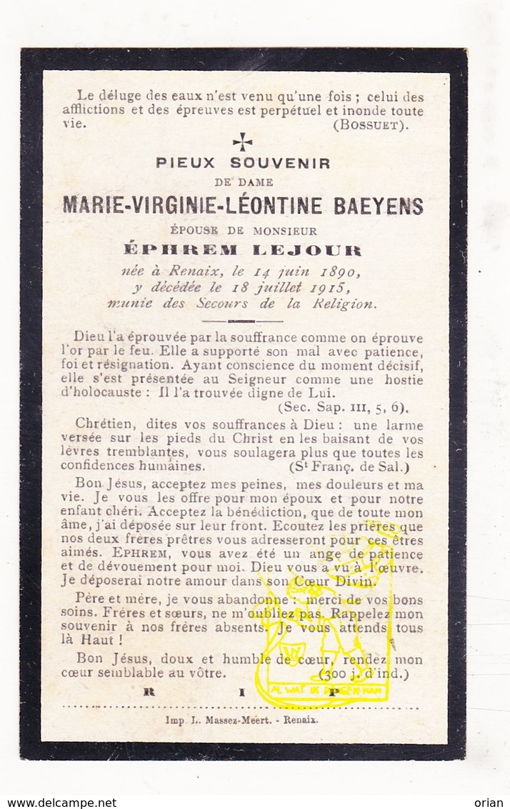 DP Marie V. Baeyens 25j. ° Ronse Renaix 1890 † 1915 X Ephrem Lejour - Images Religieuses