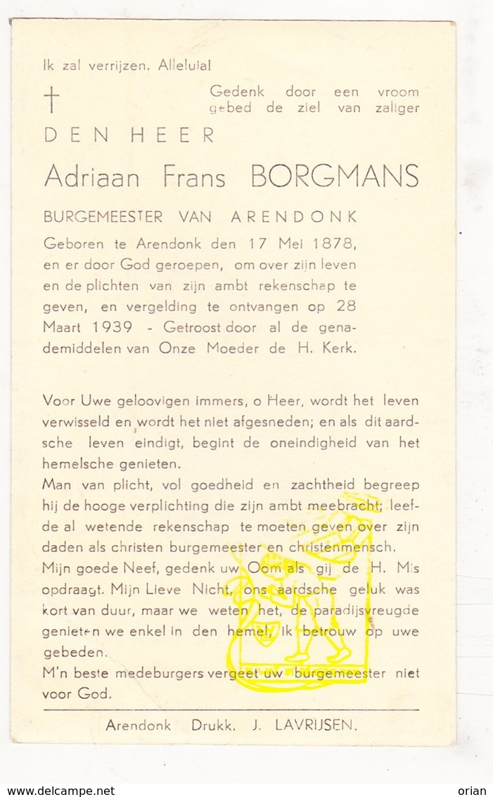 DP Foto - Burgemeester Adriaan F. Borgmans ° Arendonk 1878 † 1939 - Images Religieuses