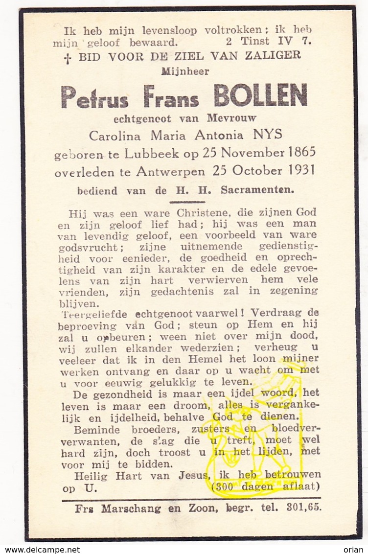 DP Petrus F. Bollen ° Lubbeek 1865 † Antwerpen 1931 X Carolina M. Nys - Images Religieuses