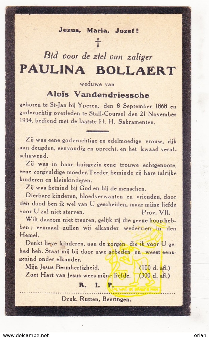 DP Paulina Bollaert ° St.-Jan Ieper 1868 † Stal Koersel Beringen 1934 X Aloïs VandenDriessche - Images Religieuses