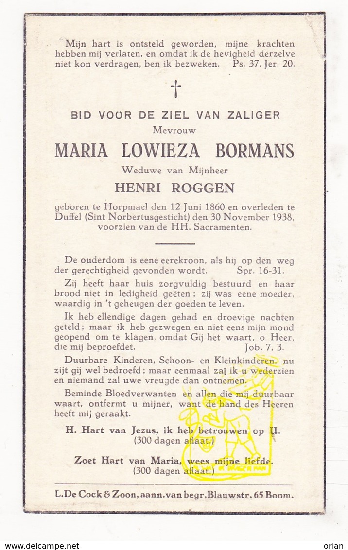 DP Maria Lowieza Bormans ° Horpmaal Heers 1860 † Duffel 1938 X Henri Roggen - Images Religieuses