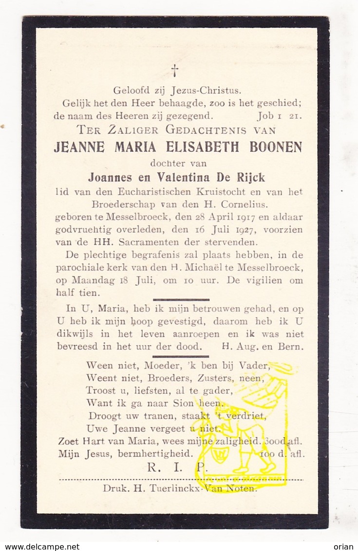 DP Jeanne M. Boonen / De Rijck 10j. ° Messelbroek Scherpenheuvel-Zichem 1917 † 1927 - Images Religieuses