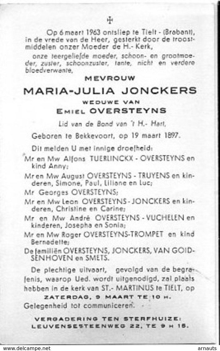 Ddodsprentje Jonckers Marie-Julia Weduwe Oversteyns Emiel °1897 Bekkevoort +1963 Tielt Sint Martinus - Overlijden