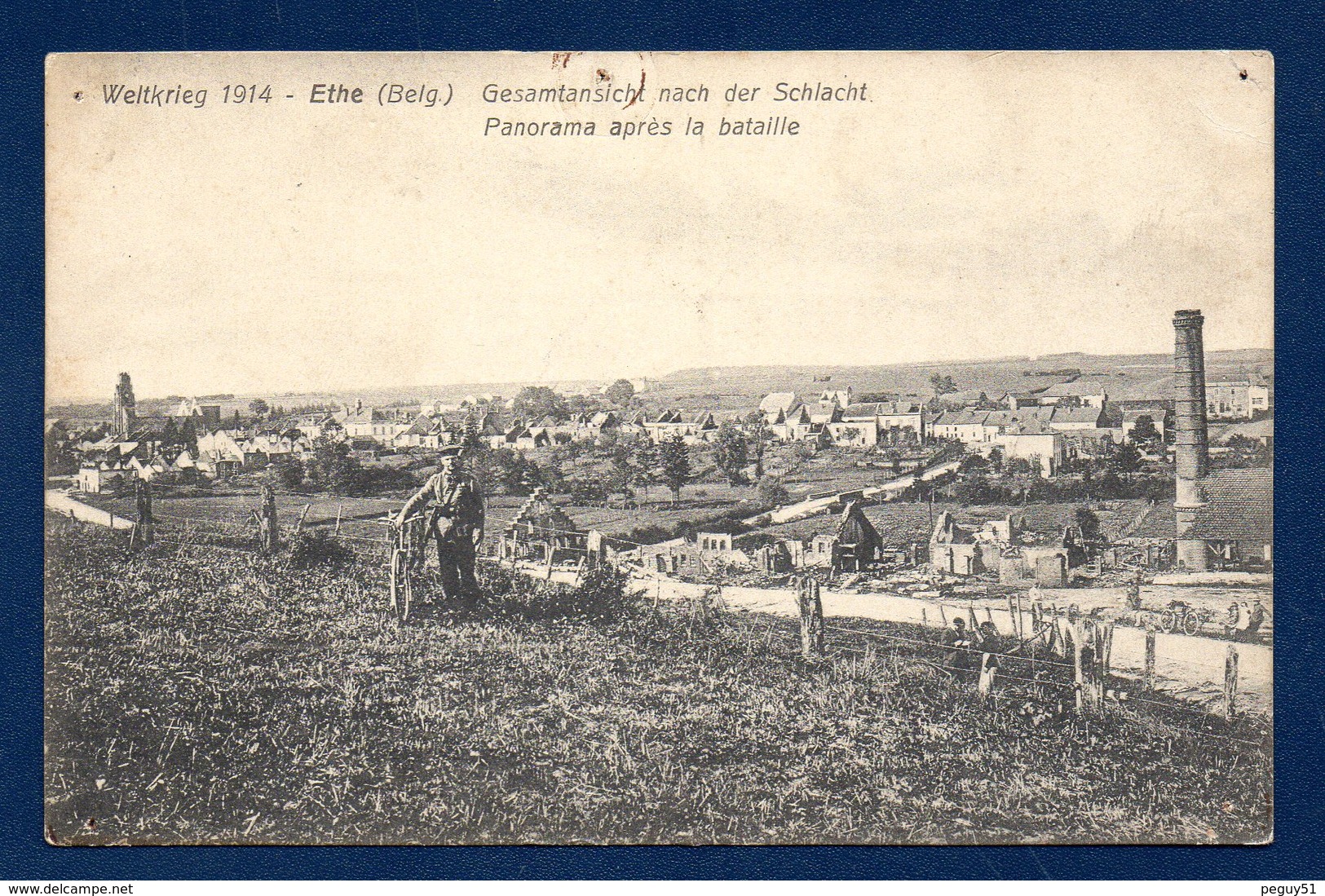 Ethe. (Virton). Weltkrieg 1914. Panorama Après La Bataille. Soldat Allemand à Vélo. - Virton