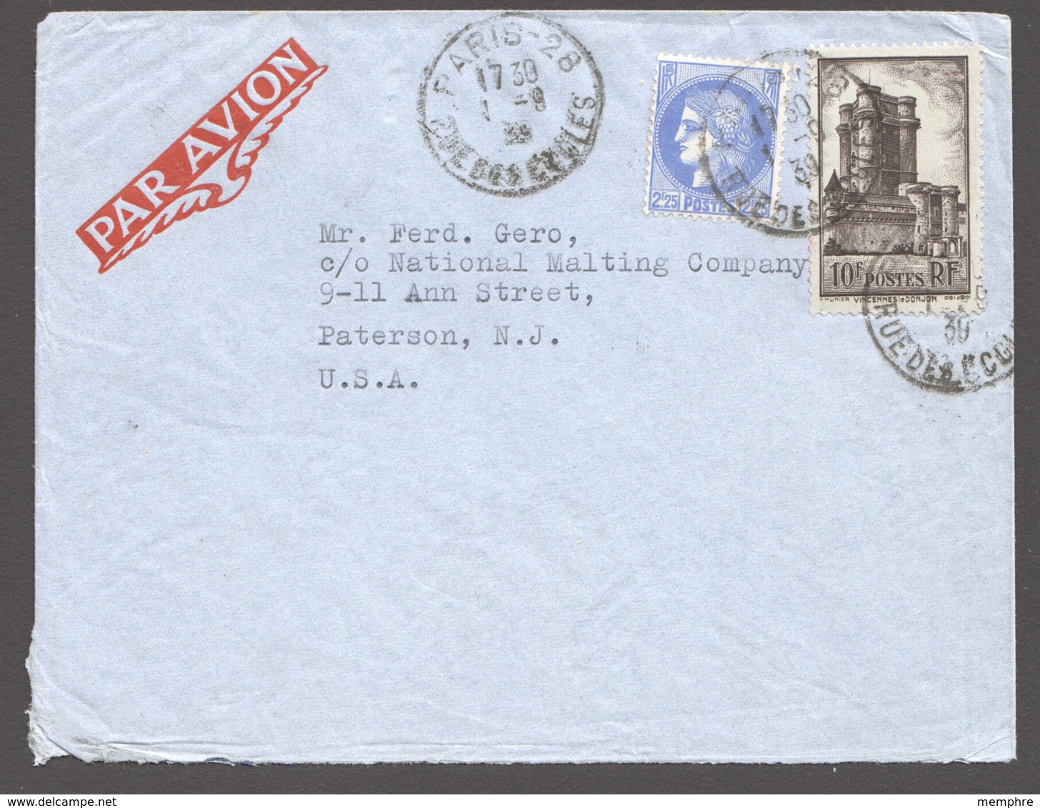 1938  Lettre Avion Pour Les USA - Donjon Vincennes Yv 393, Cérès Mazelin 2,25fr Yv 374 - Lettres & Documents