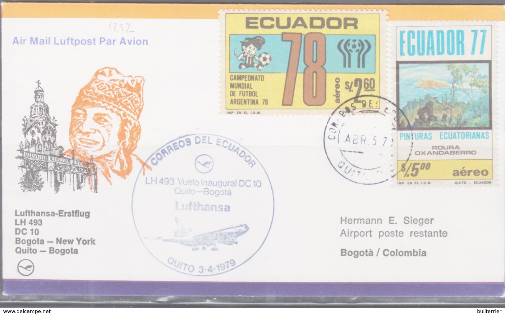 ECUADOR - 1979  - DC 10   ILLUSTRATED FIRST FIGHT COVER OUITO TO BOGATA - Ecuador