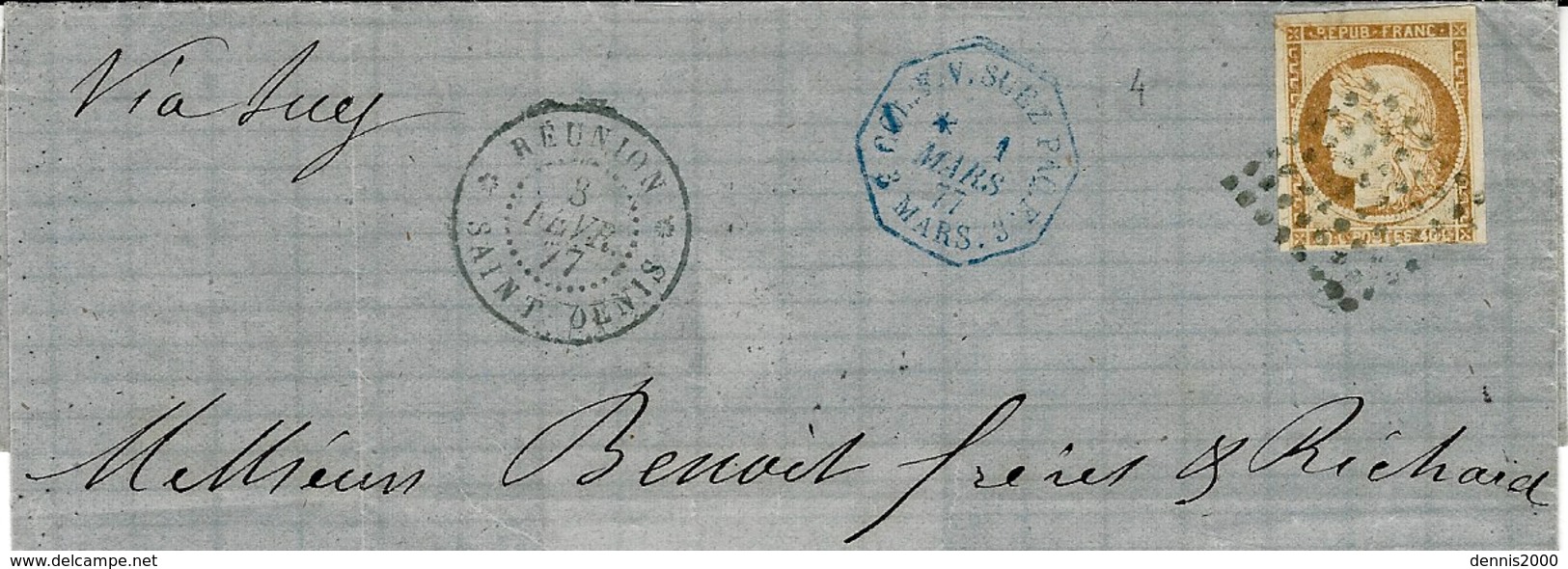 1877- Demi-lettre De Saint-Denis  Entrée Bleue  à Marseille Affr. N°13 ( 3 Marges ) Oblit. Losange De Points Bleu - Briefe U. Dokumente