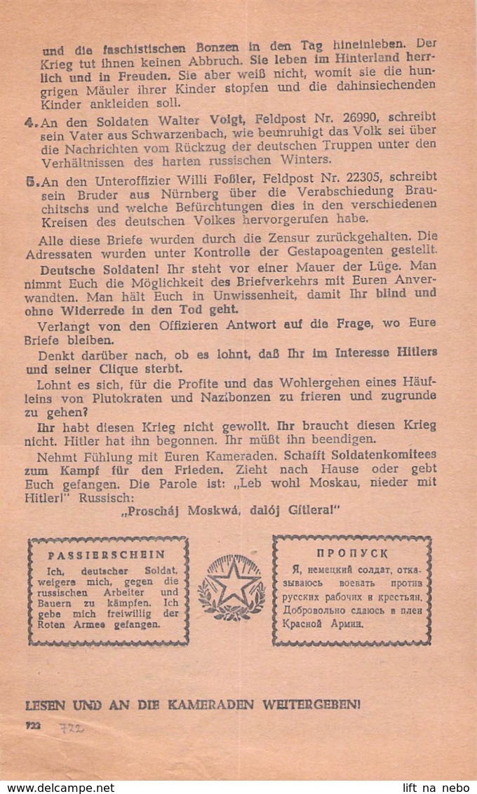 WWII WW2 Leaflet Flugblatt Tract Soviet Propaganda Against Germany  CODE 722 - 1939-45