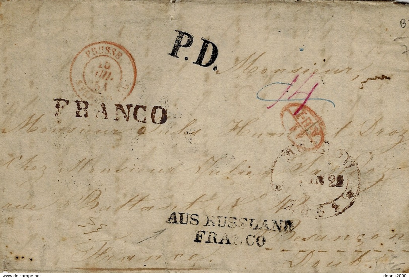 1851- Letter From MOSCOU To France  P.D. + FRANCO + AUS RUSSLAND / FRANCO  + Red 11 / A.E.D - ...-1857 Préphilatélie