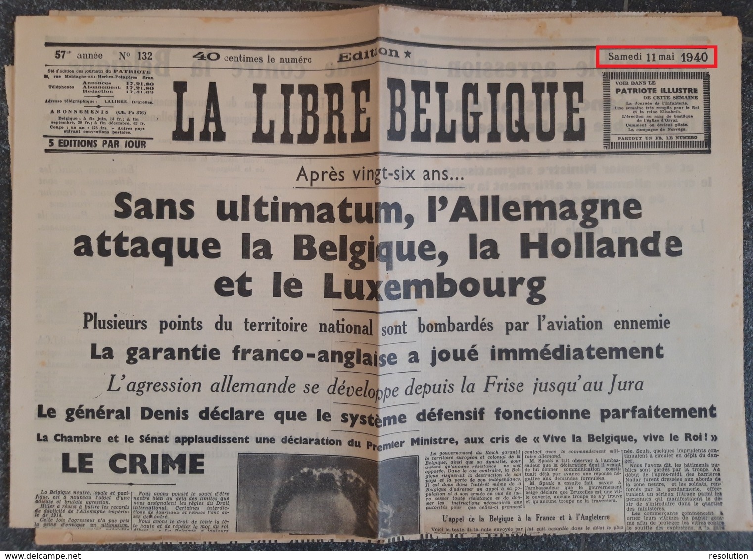 Lot De 3 Journaux 'Vers L'Avenir' Et 'La Libre Belgique' Daté 10 Mai Et 11 Mai 1940 Sur L'invasion De La Belgique, Des P - 1939-45