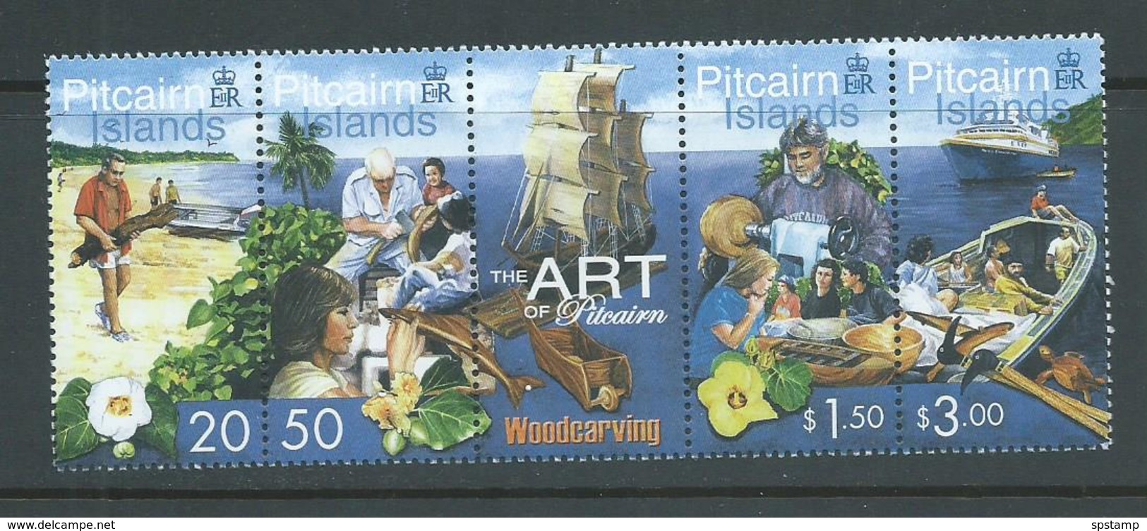 Pitcairn Islands 2001 Art Series I Woodcarving Strip Of 4 With Label MNH - Pitcairn Islands