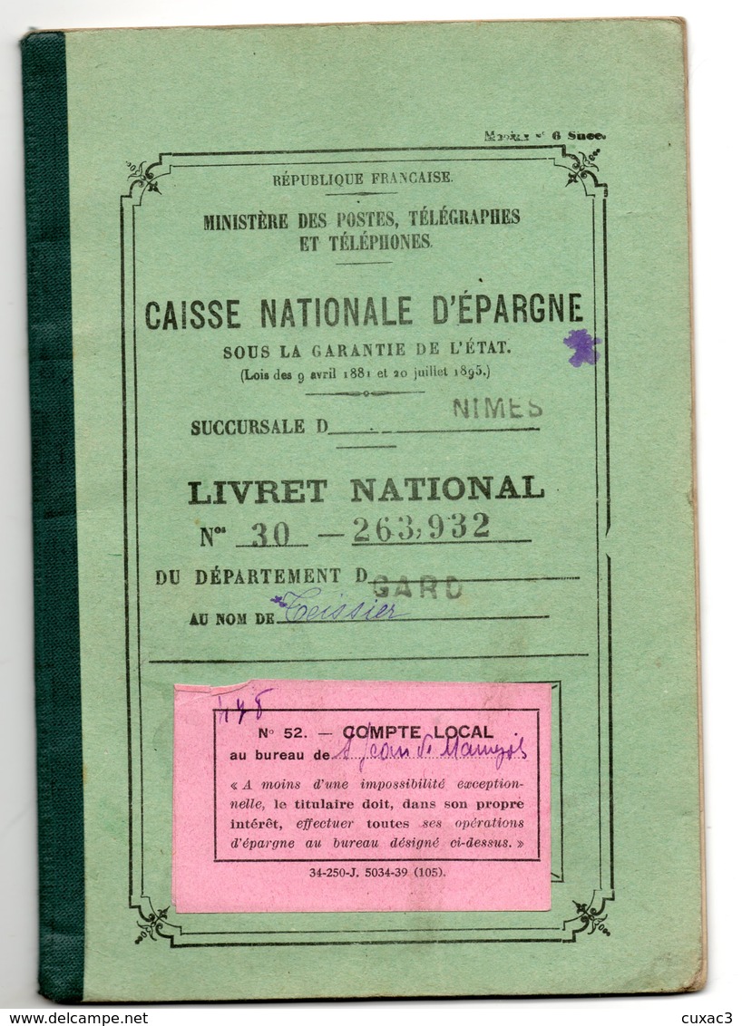 30 - Gard -  Ministère Des Poste,télégraphes Et Téléphone Livret Caisse Nationale Depargne Nimes - Non Classés